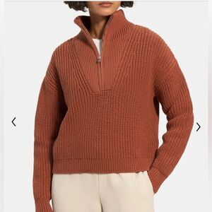 Theory Half-Zip Sweater in Rib Knit Cotton in Terracotta Size Medium